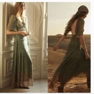 Ba&Sh Long Perla Open Back Metallic Plisse-tulle Maxi Dress Sz M